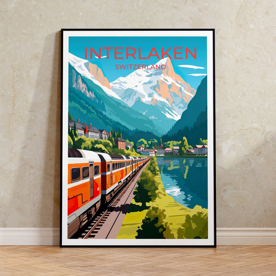 Switzerland Travel Poster, Interlaken Mountain Art