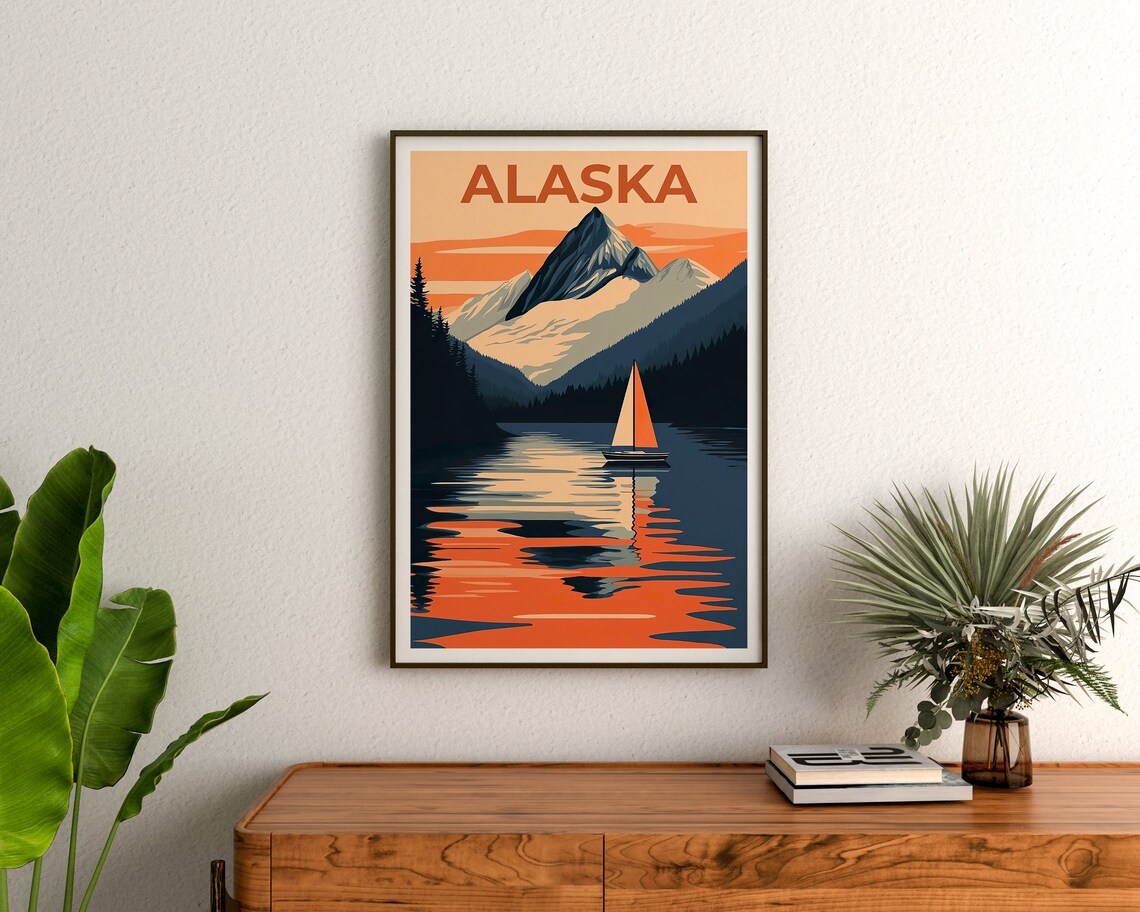 Alaska Snowy Peak Sailboat Lake Sunset Retro Style Travel Poster - Image 3