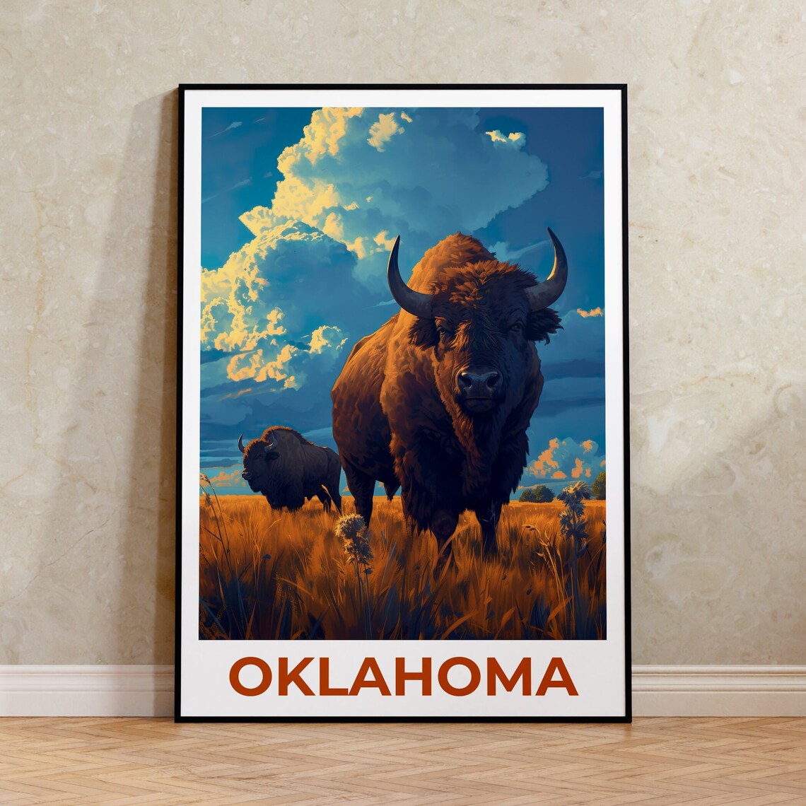 Oklahoma Travel Poster, Bison Wall Art Poster Print