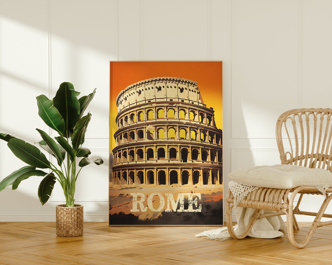 Rome Italy Colosseum Ancient Ruins Retro Orange Sky Travel Poster - Image 2