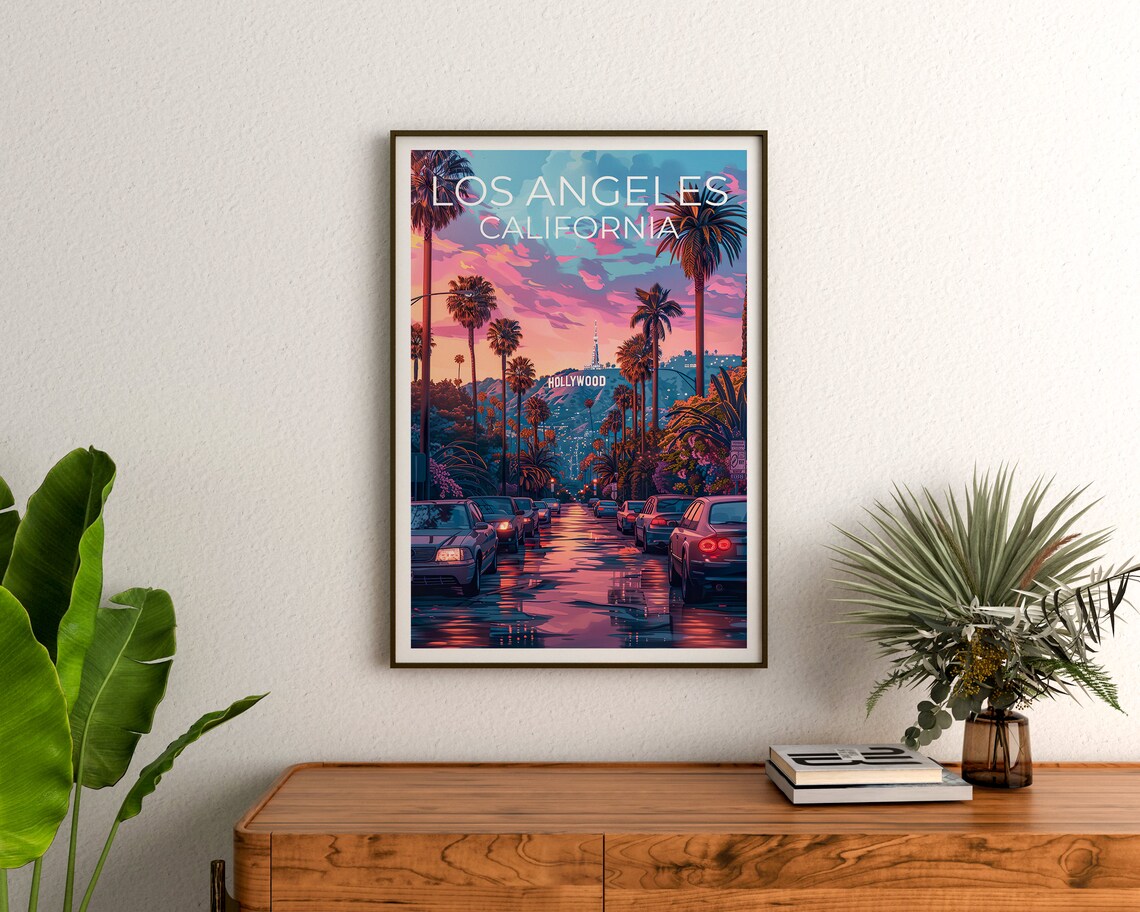 Los Angeles Hollywood Sign Sunset Palm Street California Poster - Image 3