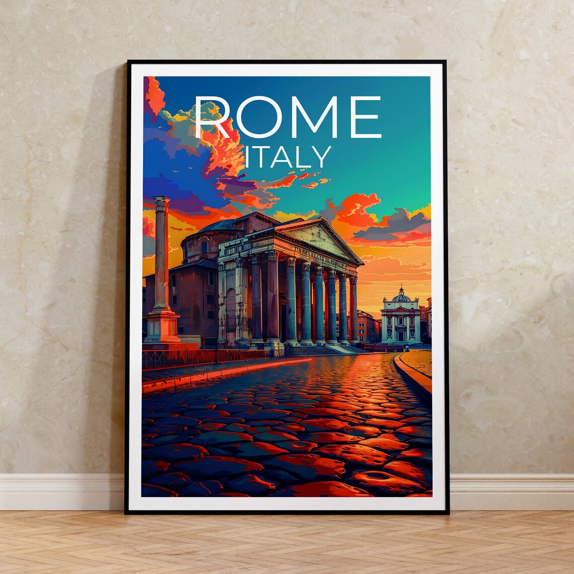Rome Italy Pantheon Sunset Cobblestone Street Vintage Travel Poster