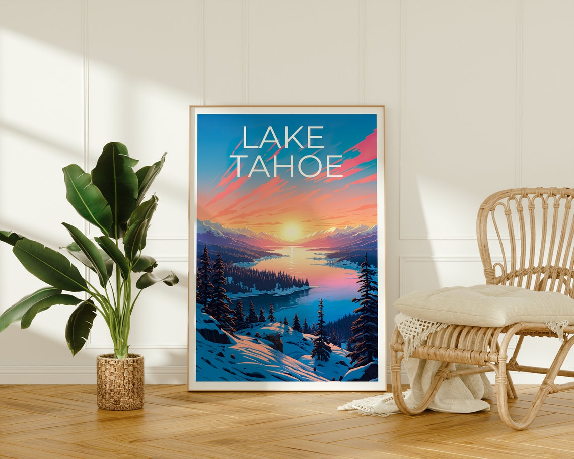 Lake Tahoe Sunset Winter Snowy Lakeshore Evergreen View Travel Poster - Image 2