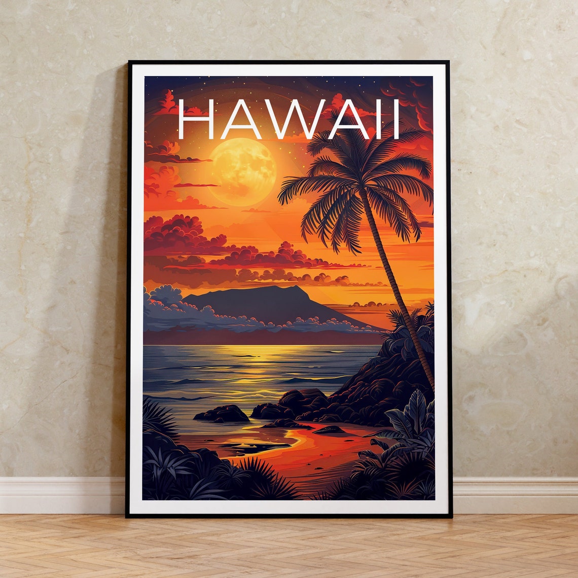 Hawaii Moonlit Beach Palm Tree Ocean Island Sunset Travel Poster