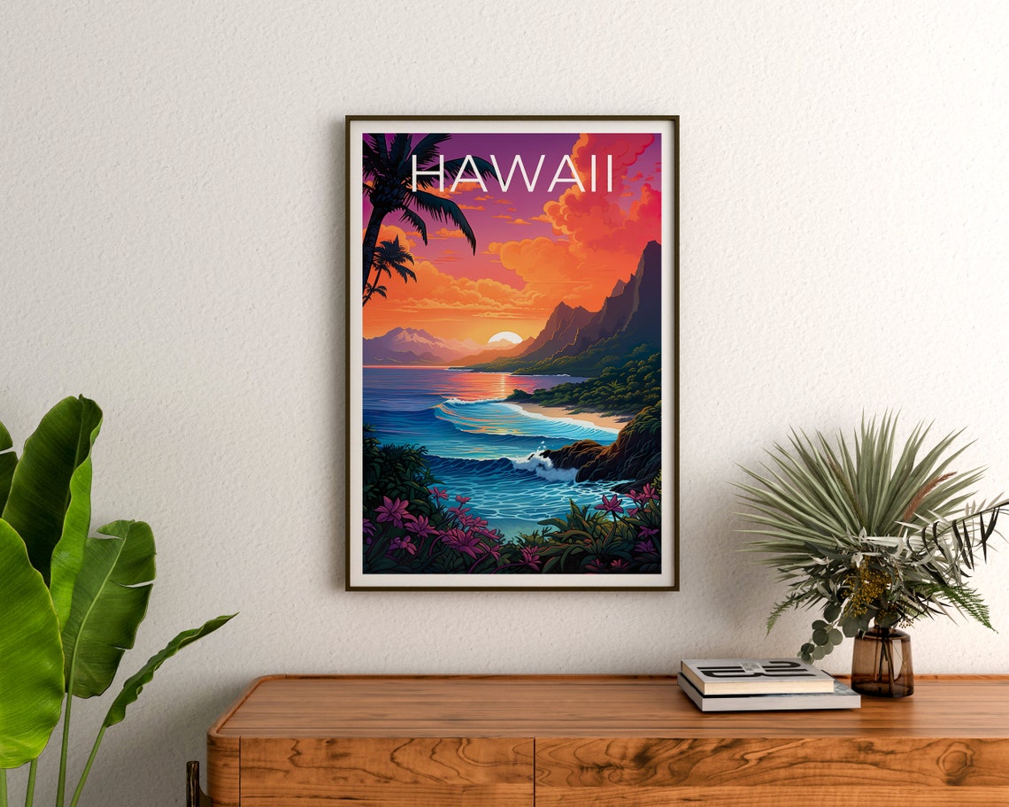 Hawaii Coast Sunset Palm Trees Surf Waves Cliffs Tropical View Poster - Image 3