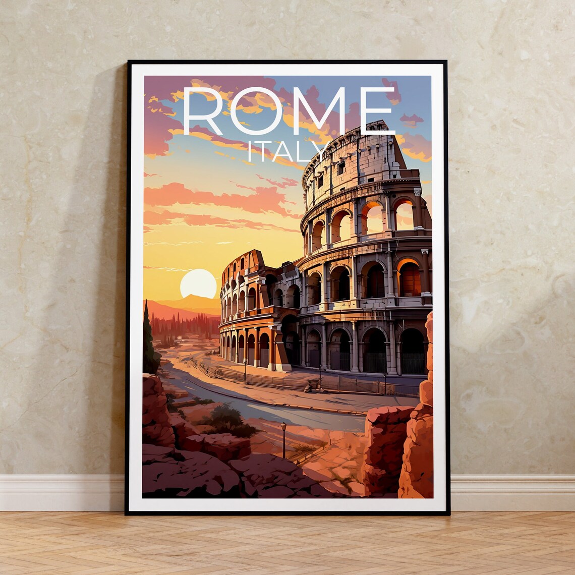 Rome Travel Poster, Italy Wall Art Print, Colosseum