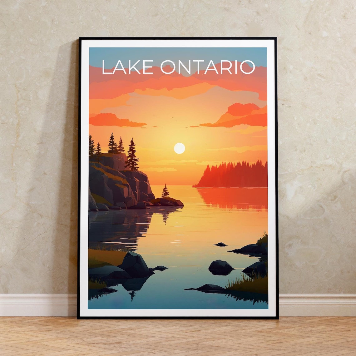 Lake Ontario Golden Sunset Pine Shoreline Canada Travel Art Poster