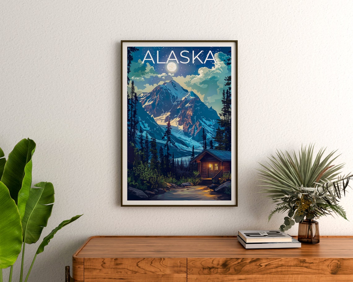 Alaska Log Cabin Moonlit Mountain Lake Cozy Wilderness Night Poster - Image 3