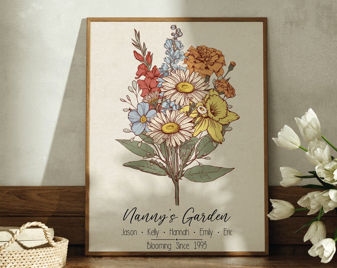 Birth Flower Bouquet Personalized Art Print, For Mom