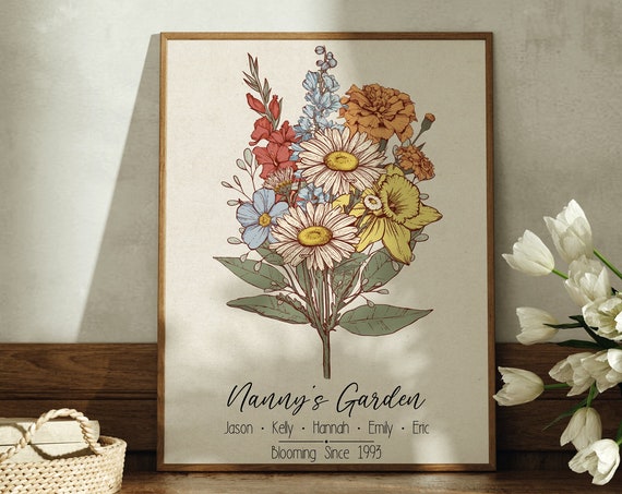 Birth Flower Bouquet Personalized Art Print, For Mom