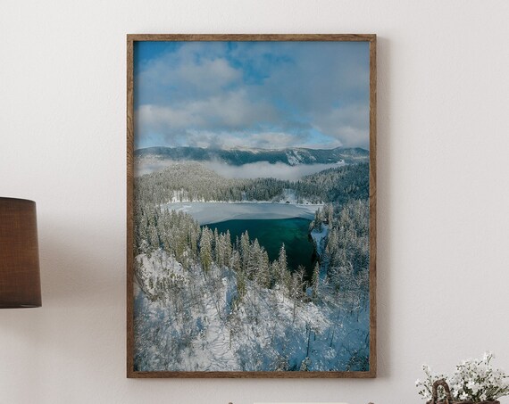 Winter Aerial Photo of Snowy Pines and Half Frozen Lake Poster