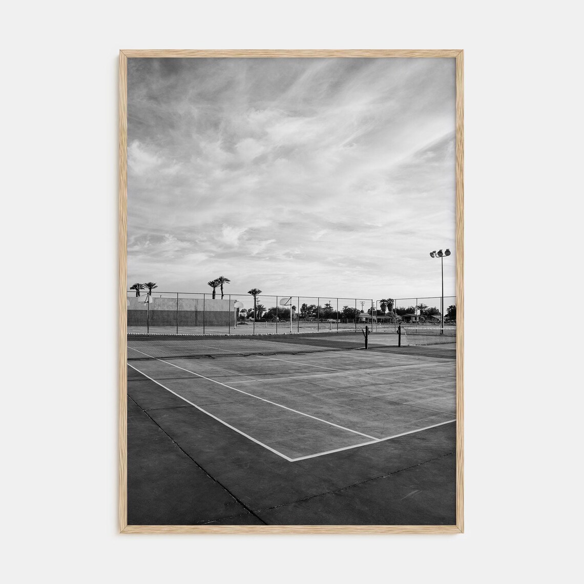 Empty Tennis Court With Palms Moody Black and White Sports Poster