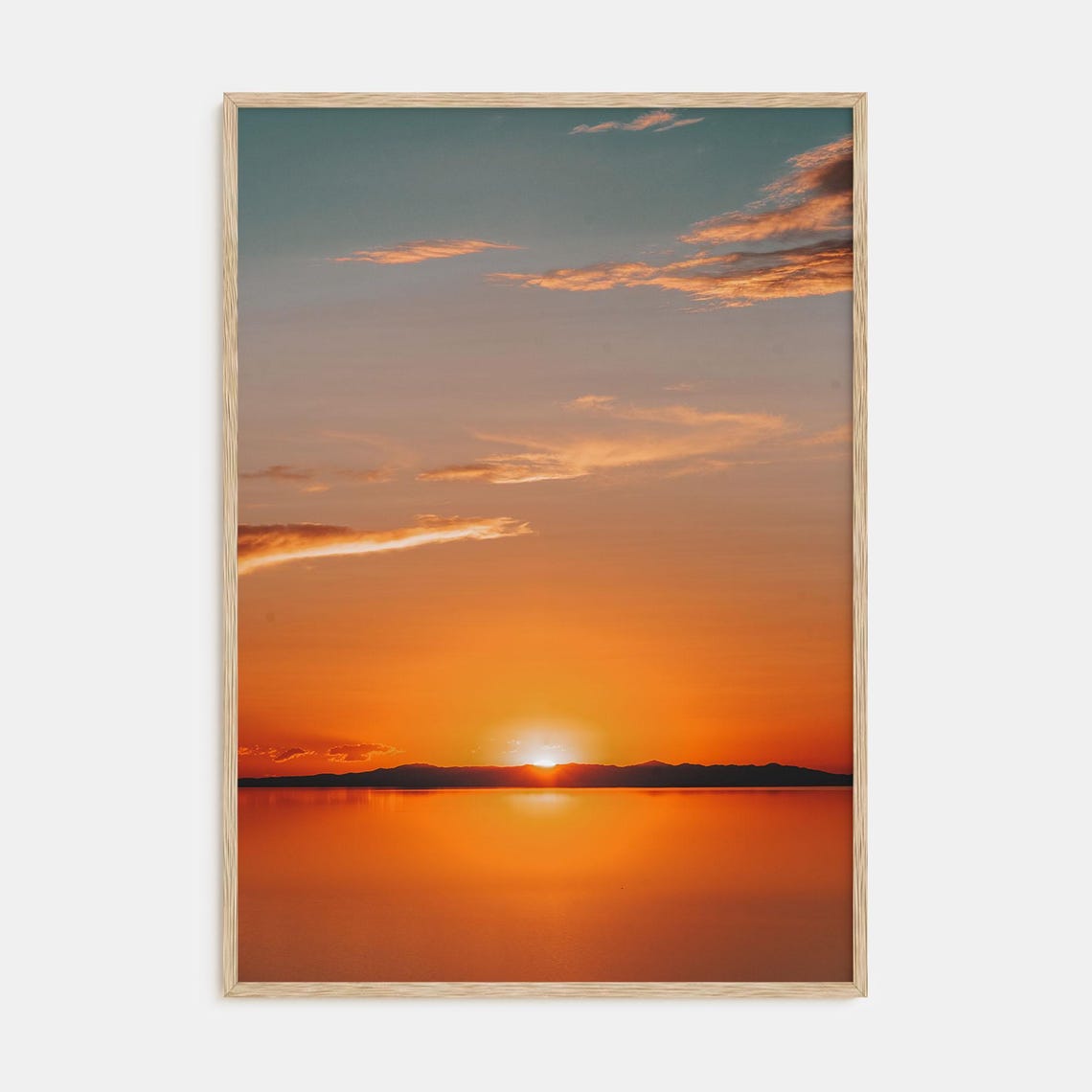 Fiery Orange Sunset Reflection Over Calm Water Horizon Poster