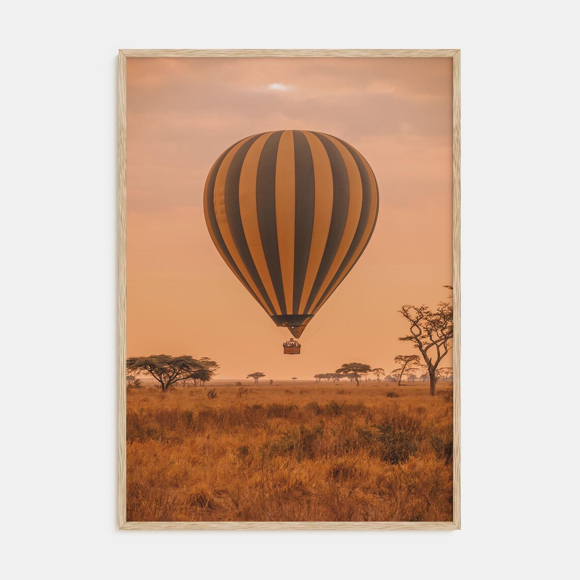 Single Striped Hot Air Balloon Over Savanna at Sunset Photo Poster