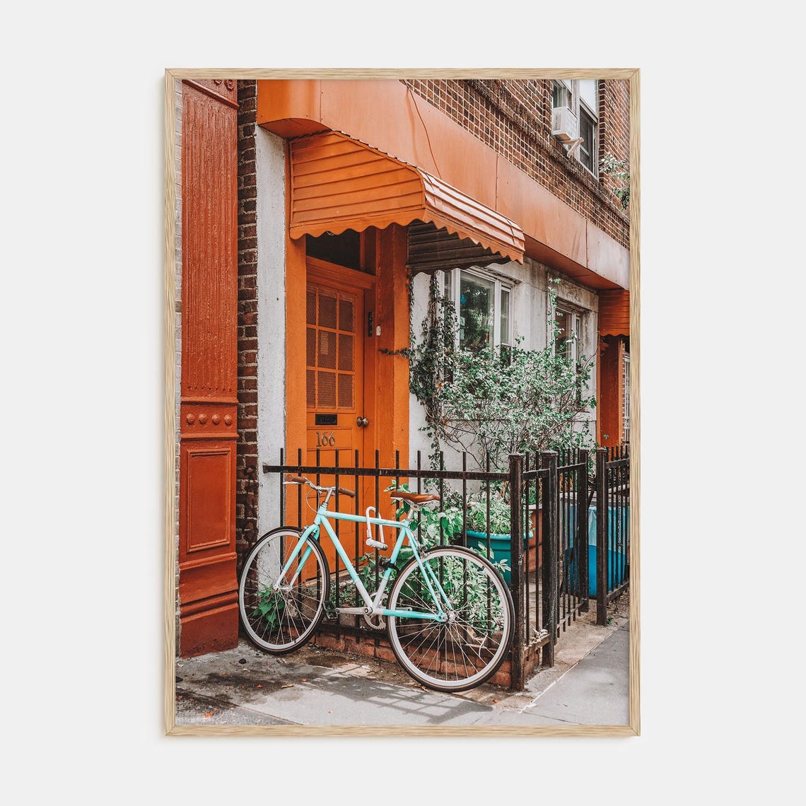 Mint Blue Bicycle Parked by Orange Brick Building Urban Poster