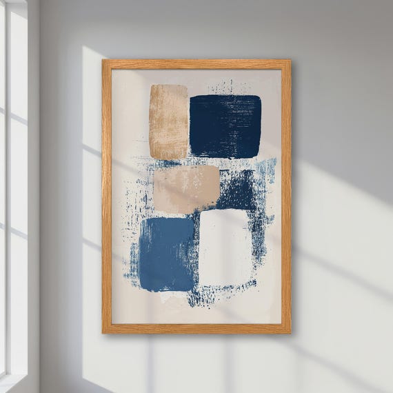 Framed Abstract Poster Geometric Print In Neutral Tones Blue And Beige Art Trendy Minimalist Decor For Bedroom Housewarming Gift Idea