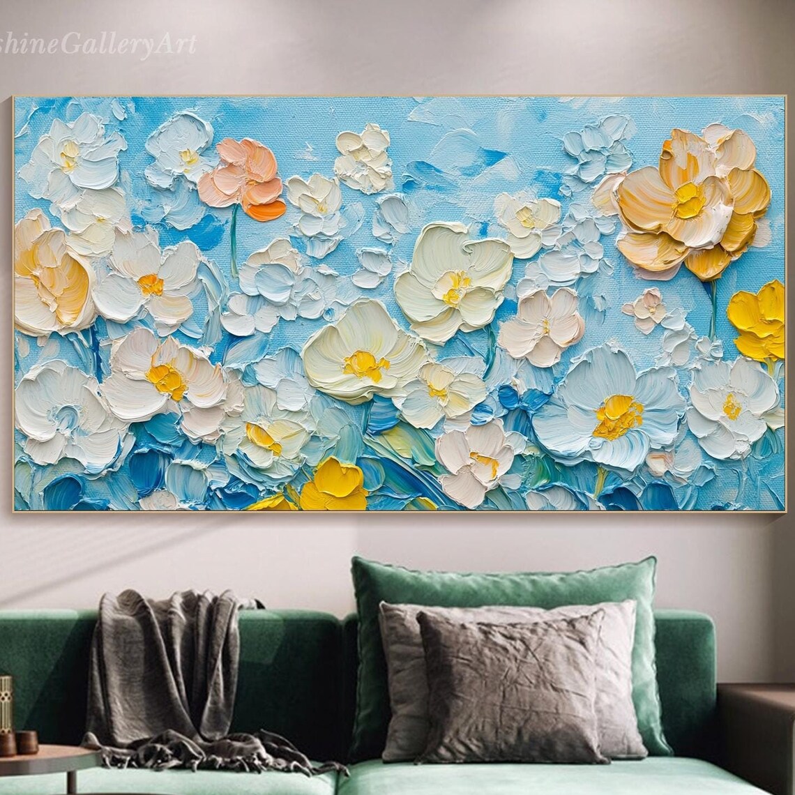 Impasto Blooms In White Yellow Orange On Bright Blue Art Poster