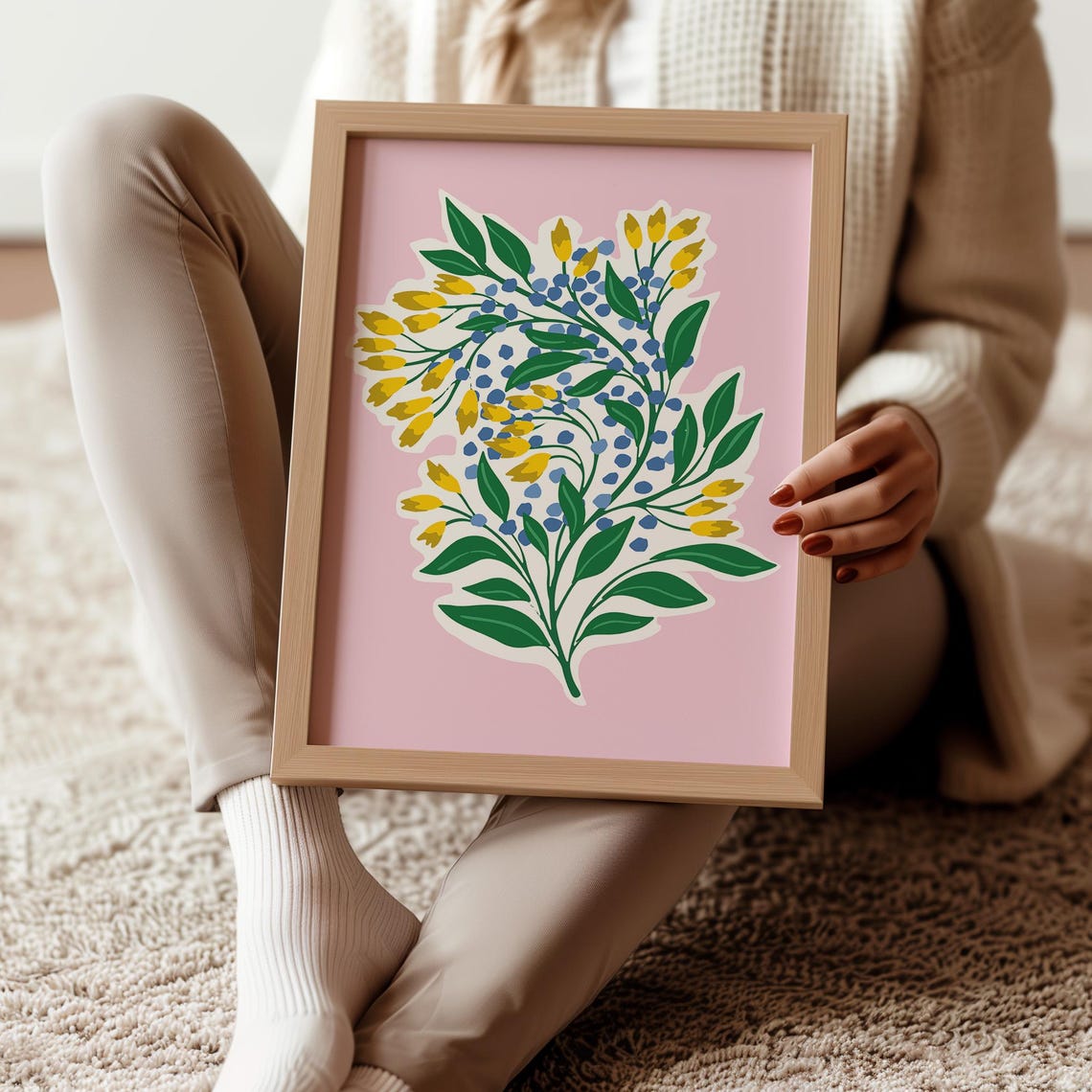 Yellow Buds Blue Berries Spring Botanical Pink Background Wall Art - Image 4
