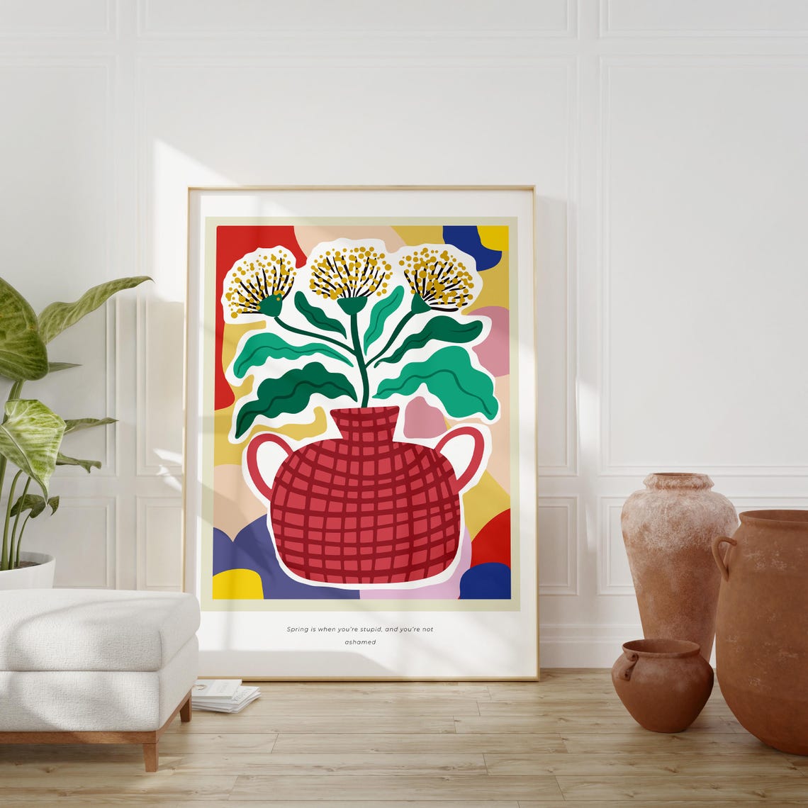 Spring Flower Vase Red Checkered Vibrant Floral Boho Art Poster