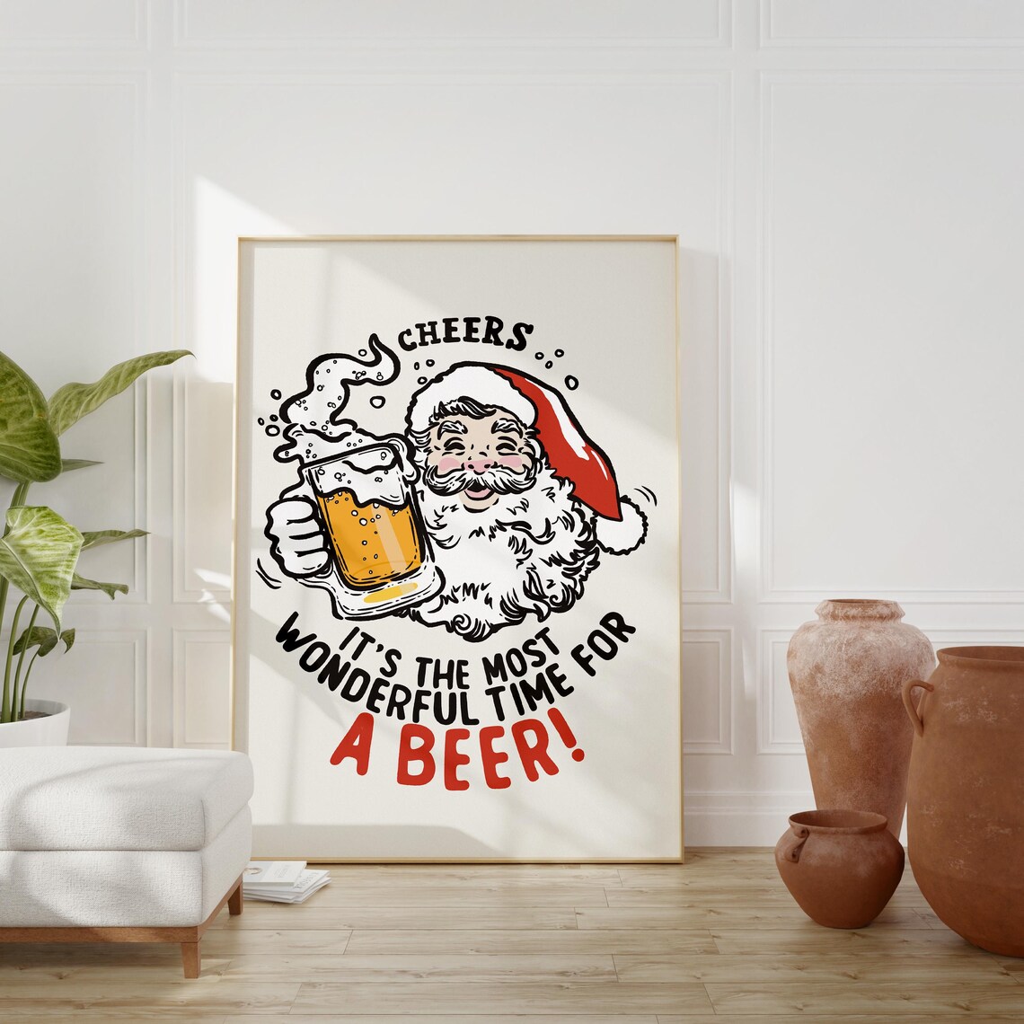 Santa Cheers Beer Funny Christmas Quote Retro Vintage Holiday Poster