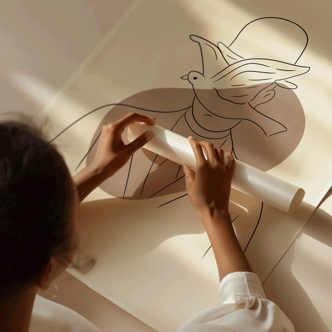 Surreal Man With Bowler Hat Dove Line Drawing Beige Minimal Poster - Image 3
