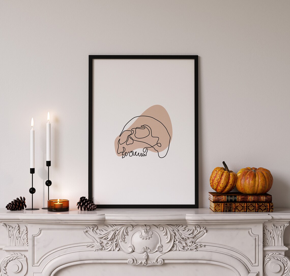 Minimalist Skull Line Art Halloween Beige Abstract Spooky Boho Wall Print