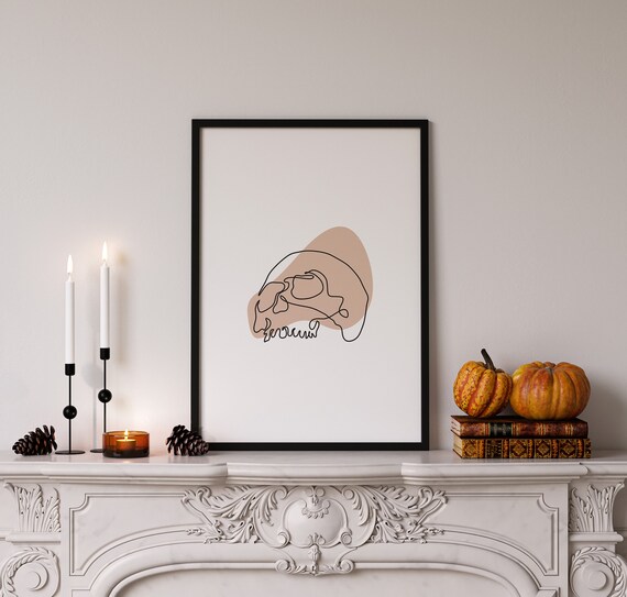 Minimalist Skull Line Art Halloween Beige Abstract Spooky Boho Wall Print