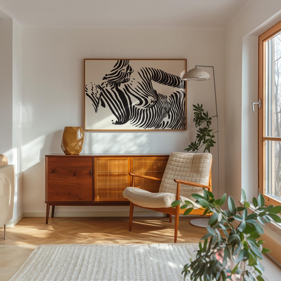 Reclining Woman Figure Wavy Black Line Art Beige Modern Abstract Print - Image 2