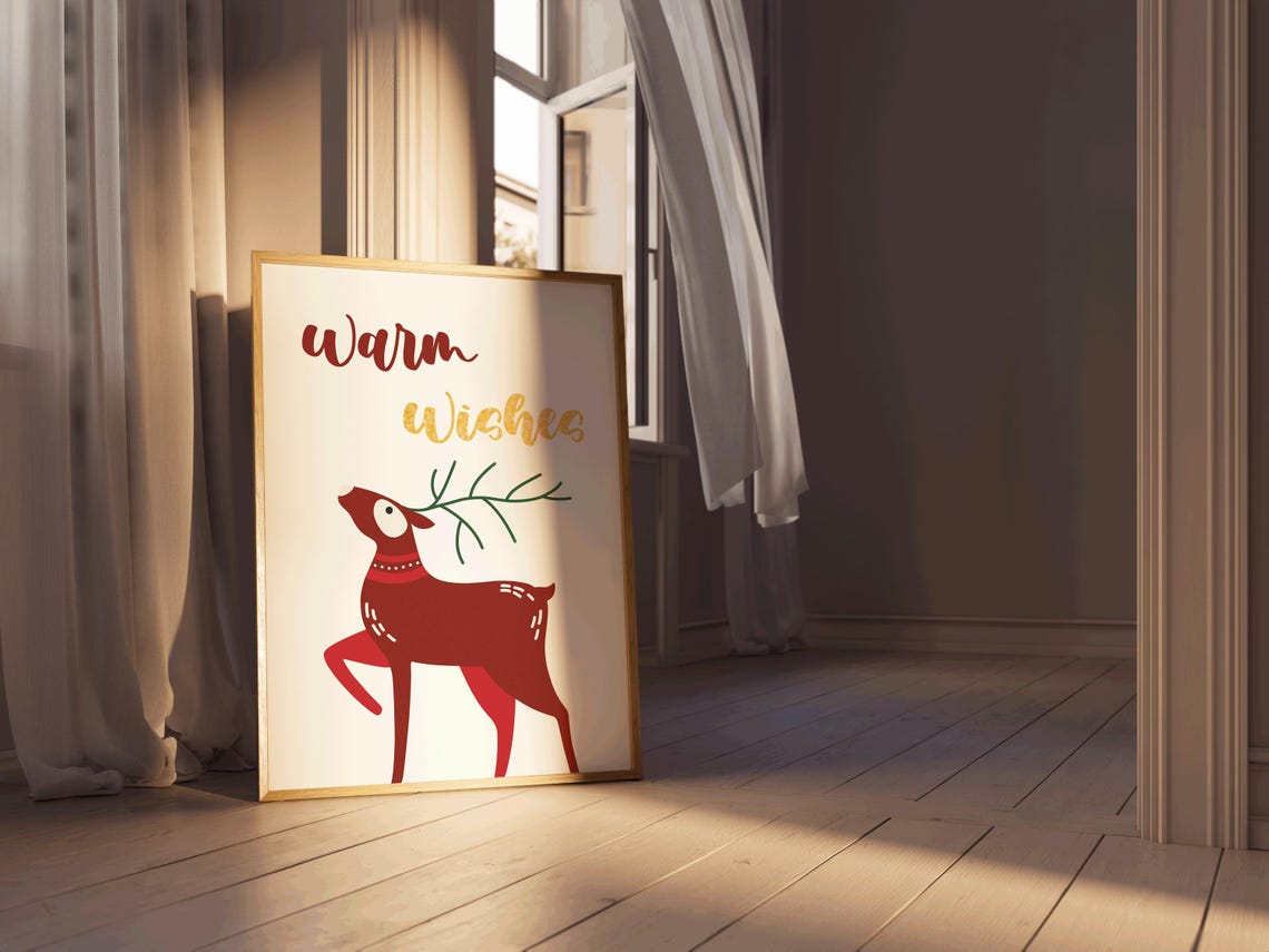 Warm Wishes Red Reindeer Holiday Greeting Festive Christmas Wall Art - Image 2