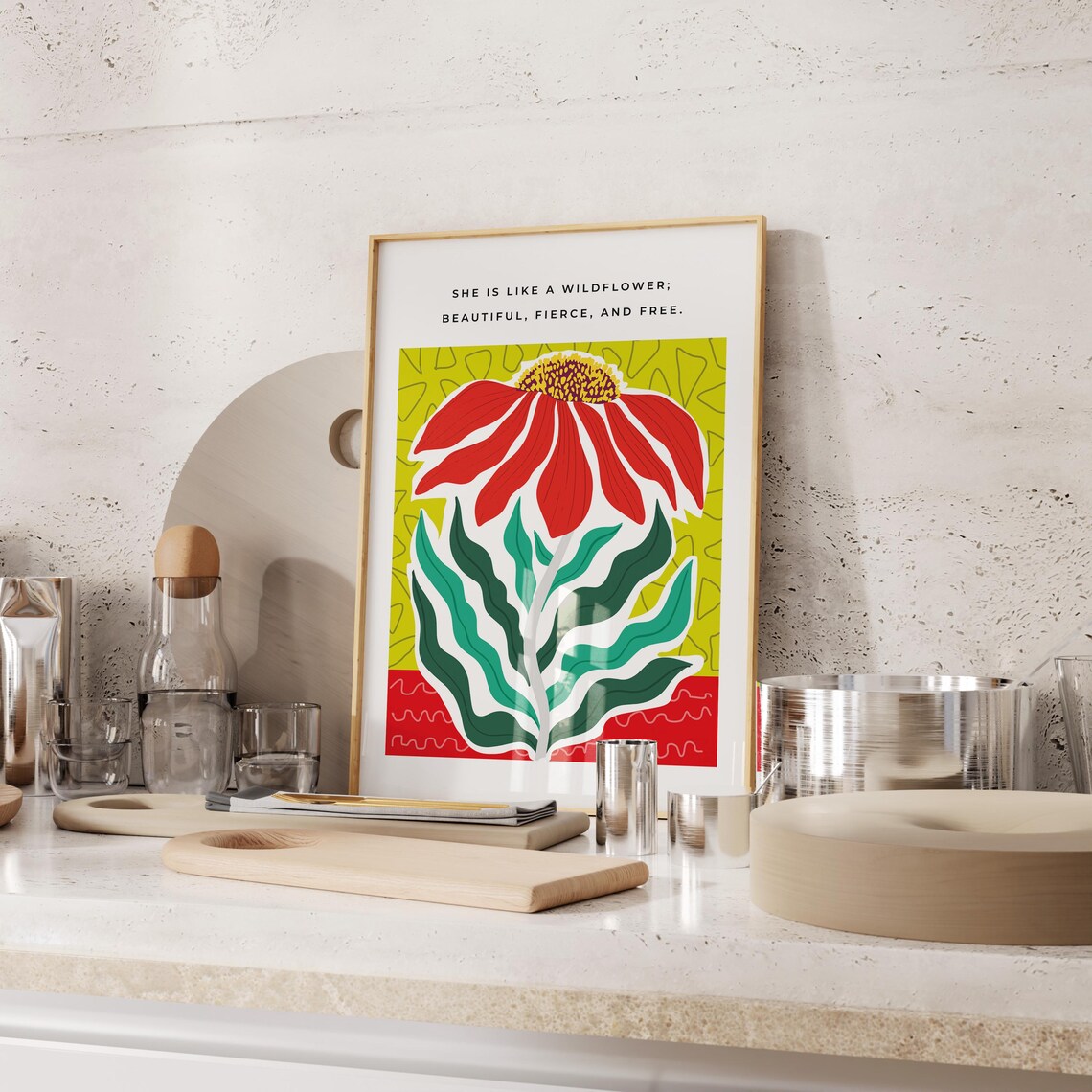 She Is Like A Wildflower Beautiful Fierce Free Red Daisy Quote Poster - Image 2