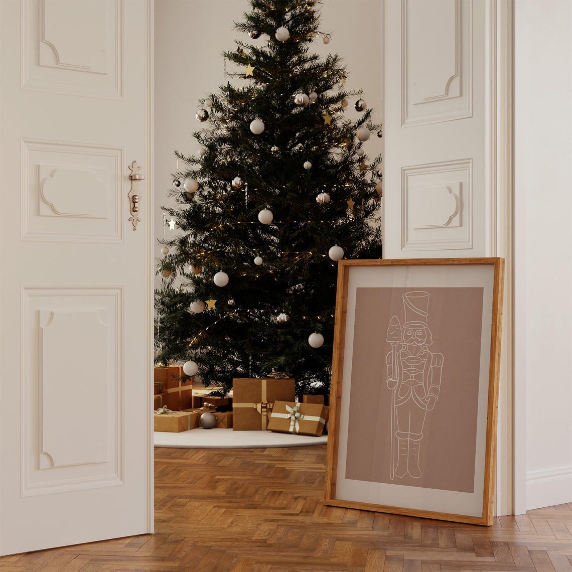 Minimalist Nutcracker White Line Art Brown Elegant Christmas Wall Art - Image 2