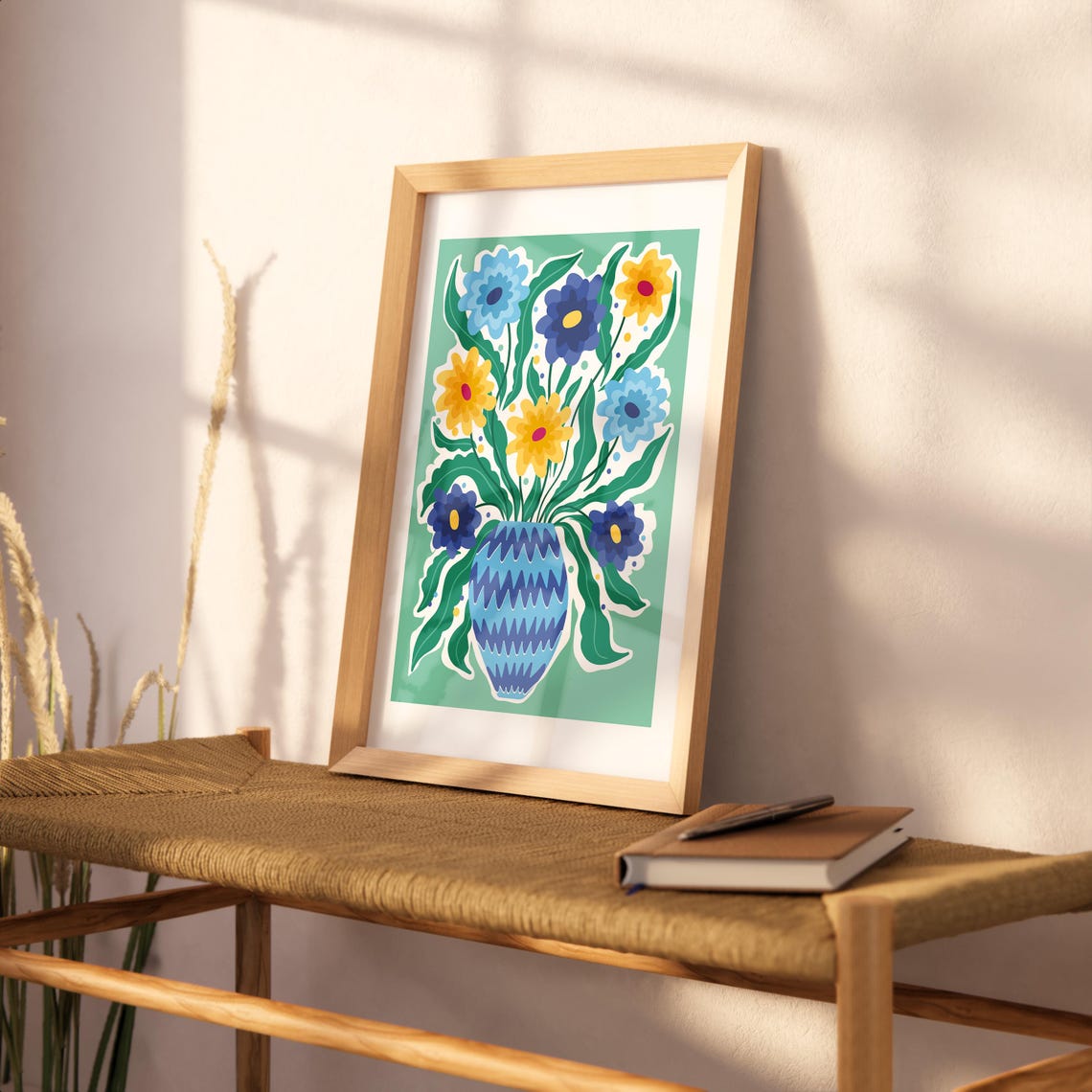 Blue Yellow Bouquet Zigzag Vase Green Background Bold Floral Wall Art - Image 2