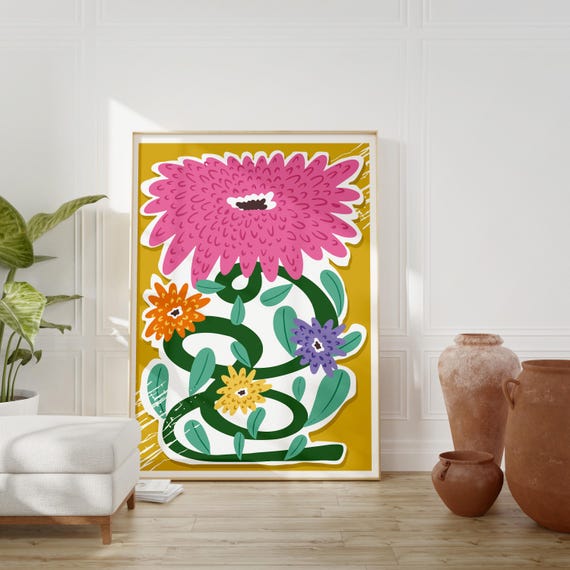 Bold Floral Wall Art Colorful Botanical Decor Retro Mid Century Modern Flower Poster For Home Or Office