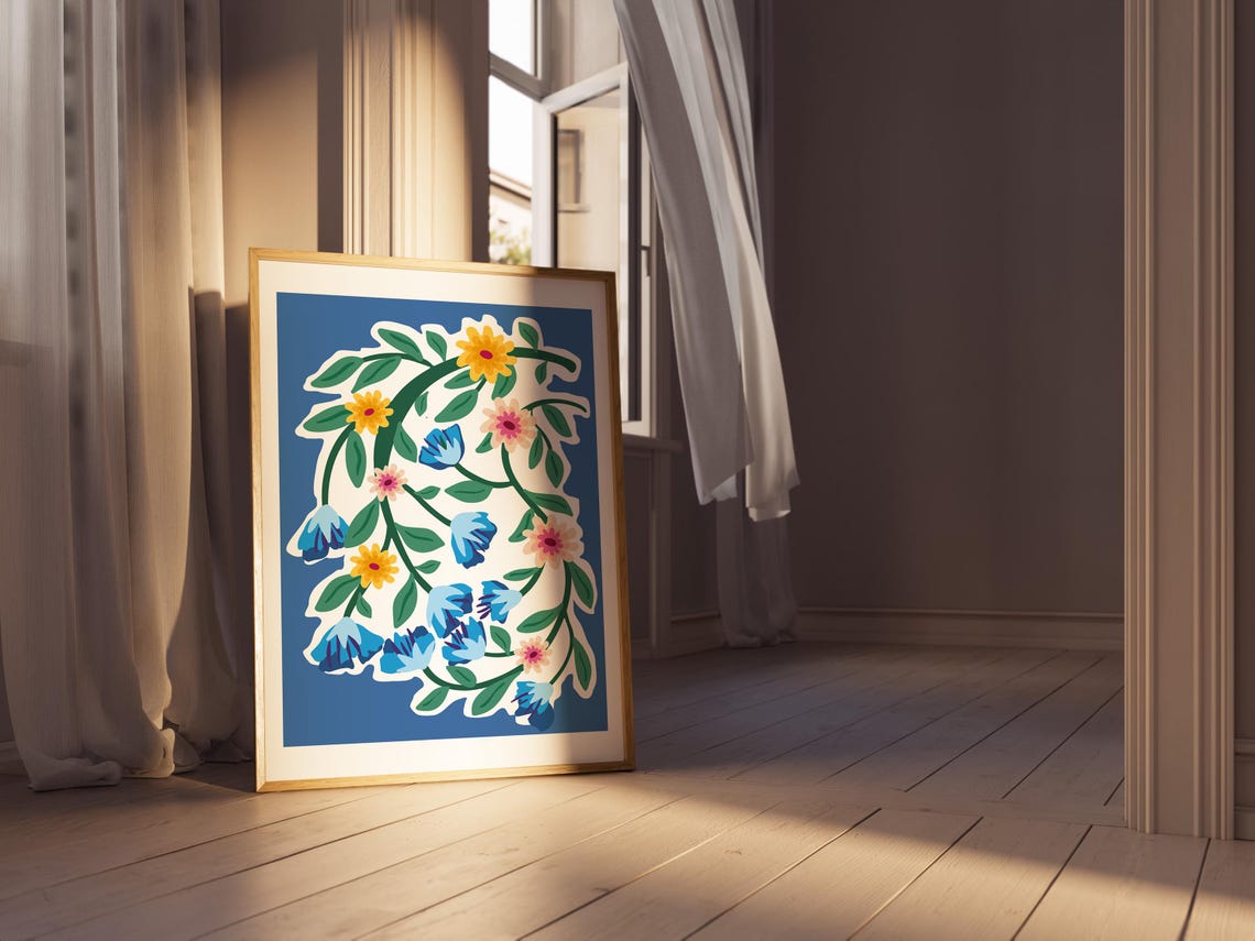 Blue Botanical Trailing Vine Yellow Pink Blooms Modern Floral Wall Art - Image 4