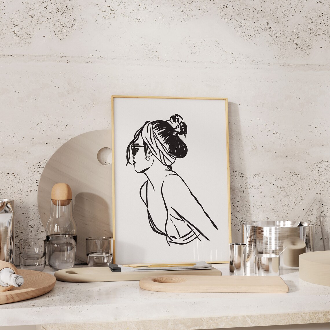 Woman With Hair Bun Side Profile Black White Minimalist Line Art Poster - Image 4