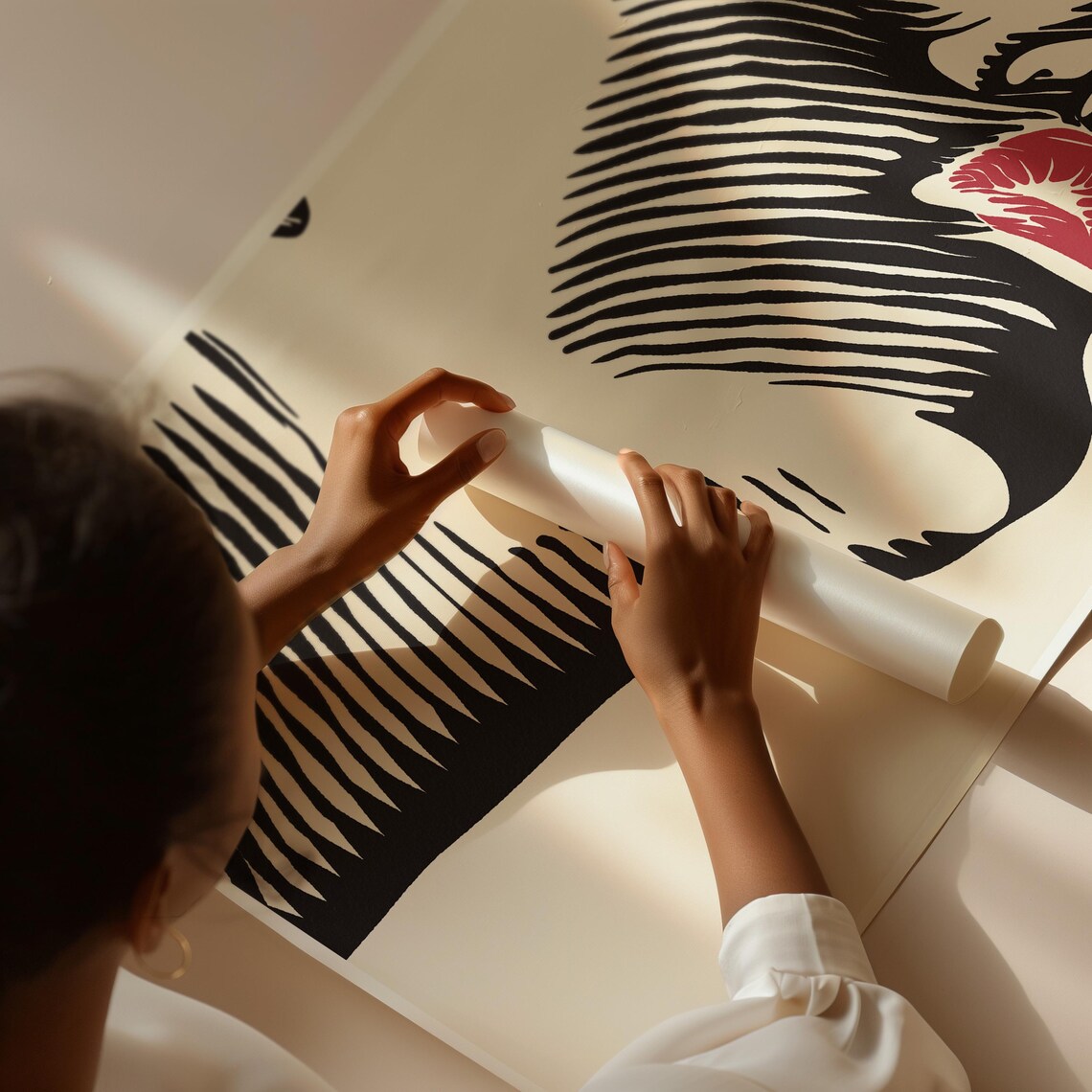 Woman Face Red Lips Striped Black Line Art Bold Modern Portrait Print - Image 3