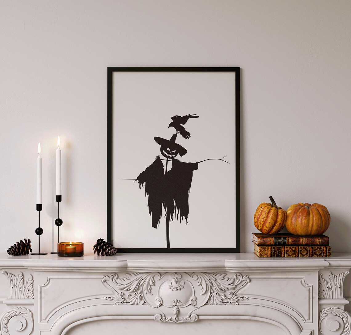Scarecrow Silhouette Pumpkin Head Crow Minimalist Spooky Halloween Poster