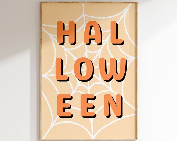 Retro Halloween Spiderweb Word Art Orange Typography Decor Poster