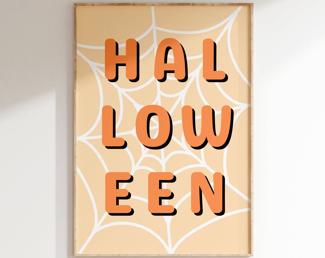 Retro Halloween Spiderweb Word Art Orange Typography Decor Poster