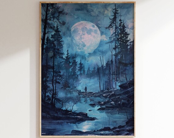 Blue Moon Night Misty Pine Forest Stream Lone Figure Moonlit Halloween Art Poster