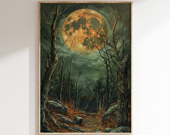 Spooky Haunted Forest Full Moon Bare Trees Orange Harvest Moon Halloween Art Print