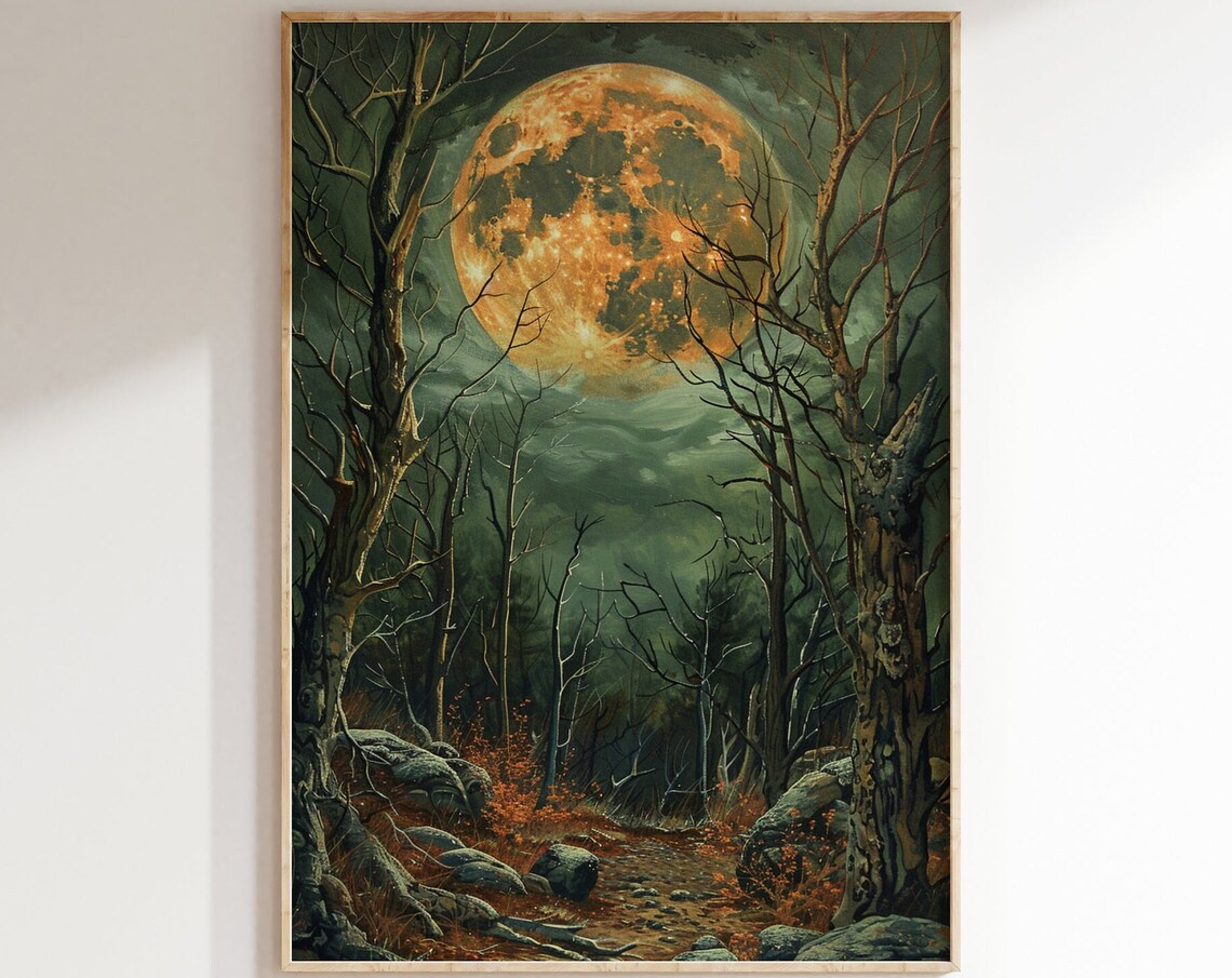 Spooky Haunted Forest Full Moon Bare Trees Orange Harvest Moon Halloween Art Print