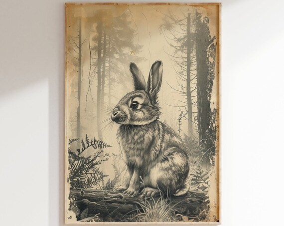 Rabbit in Misty Forest Vintage Sketch Woodland Bunny Nature Print