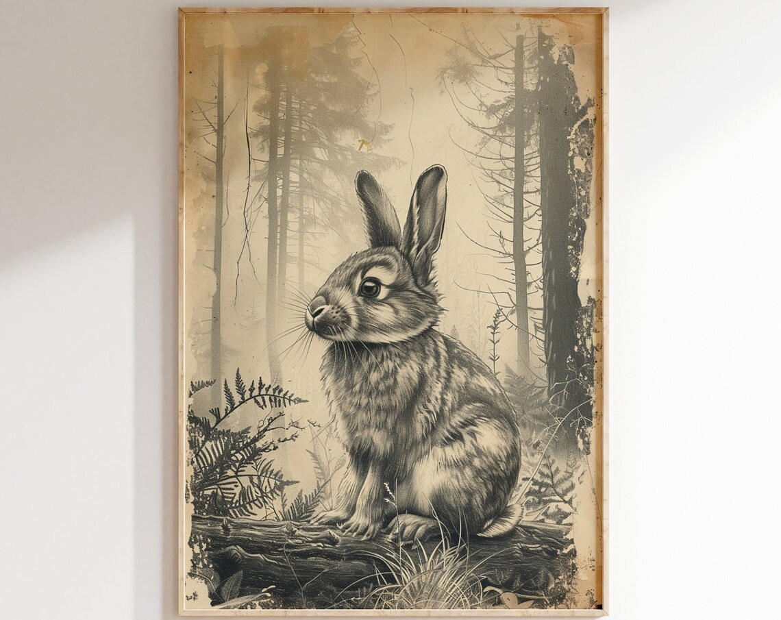 Rabbit in Misty Forest Vintage Sketch Woodland Bunny Nature Print