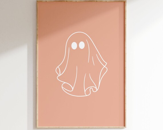 Minimalist White Line Ghost Terracotta Background Modern Halloween Poster