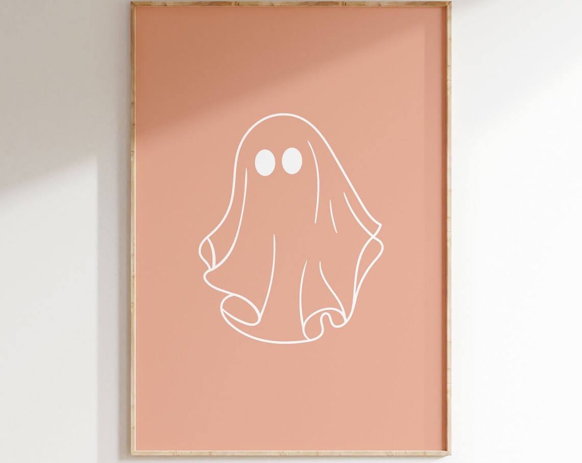 Minimalist White Line Ghost Terracotta Background Modern Halloween Poster