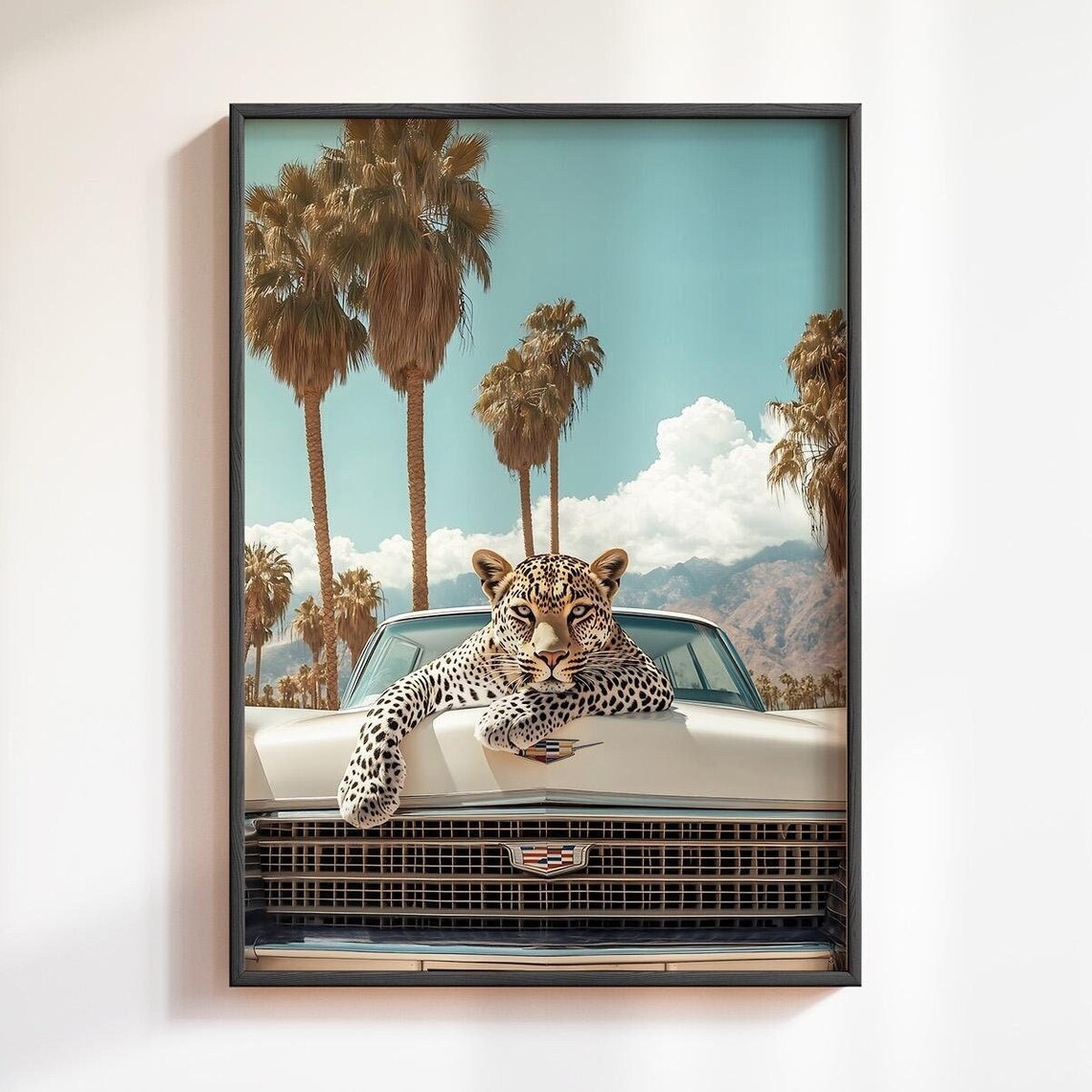 Leopard With Paws Crossed On White Cadillac Front Grille Poster
