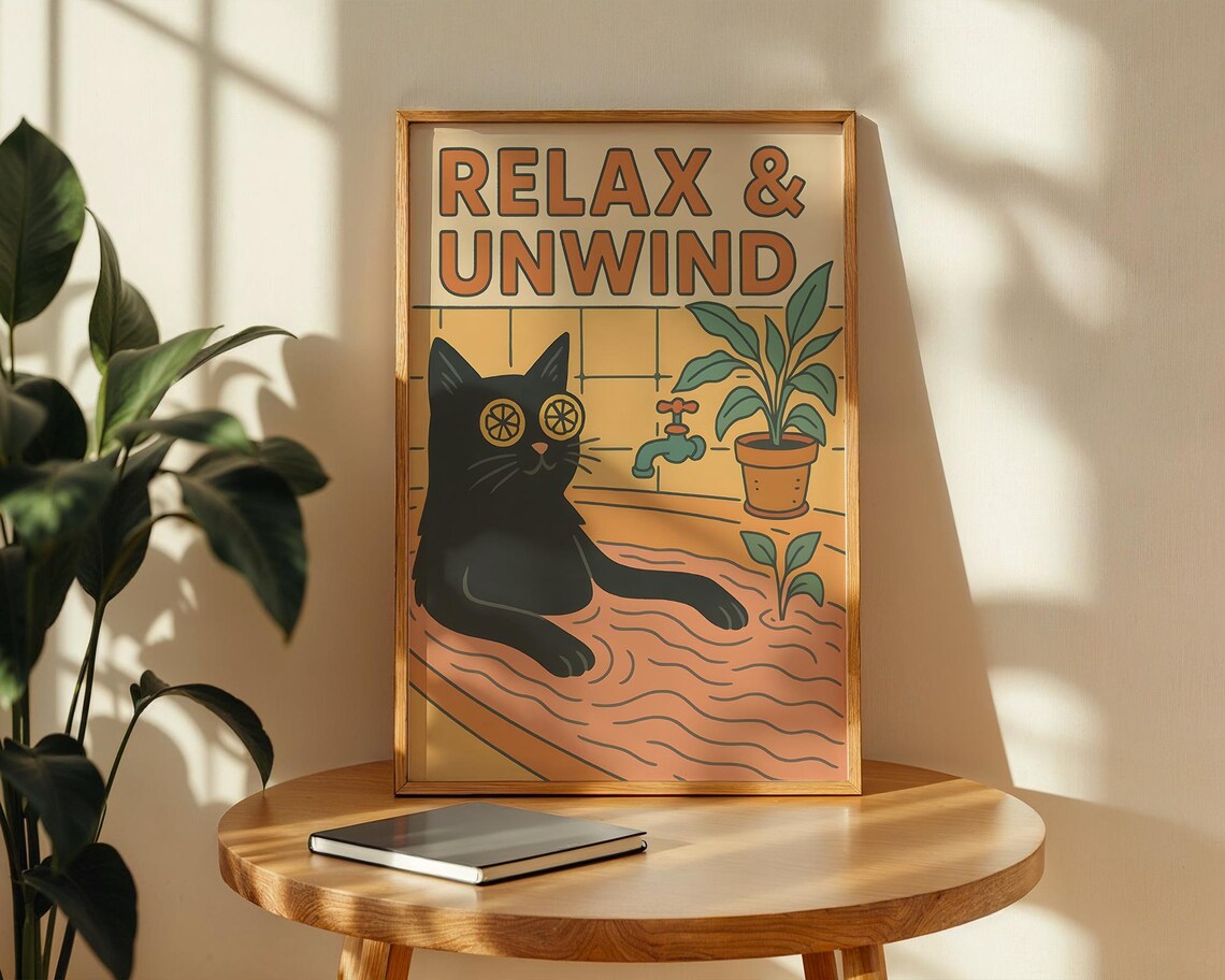 Relax And Unwind Print Bathroom Poster Funny Cat Wall Art Lovers Gift At The Spa Home Decor Quirky Black