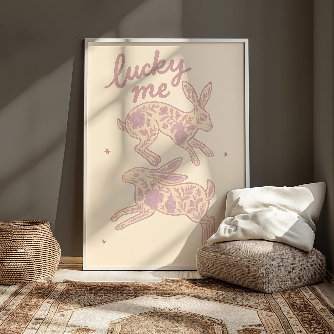 Lucky Me Bunnies Print Rabbit Poster Hare Illustration Modern Kitchen Wall Art Trendy Retro Chinoiserie Decor