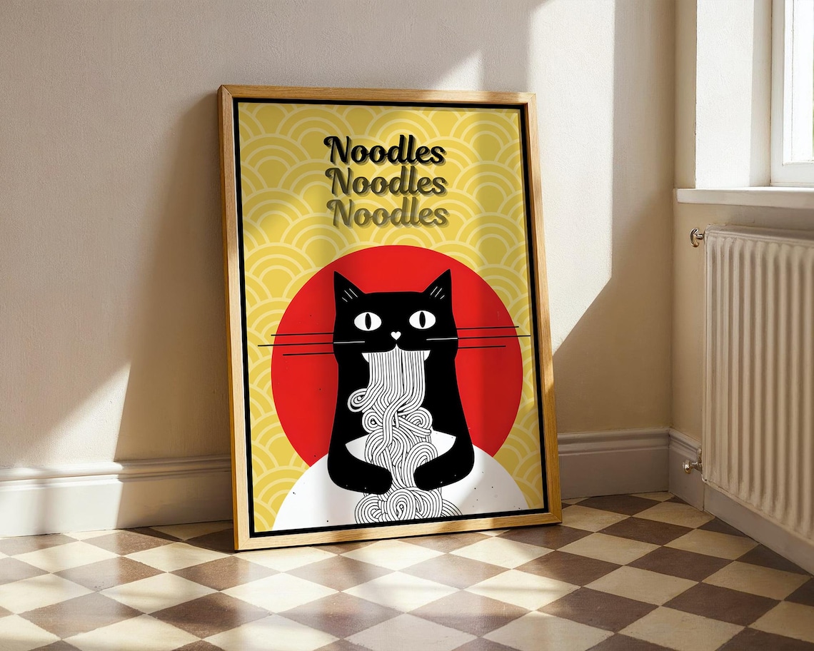 Hungry Noodles Black Cat Ramen Fun Japanese Food Kitchen Wall Art